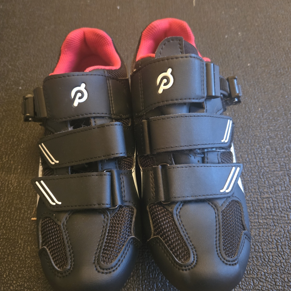 Peloton Black and White Cycling Shoes with Red Cleats
